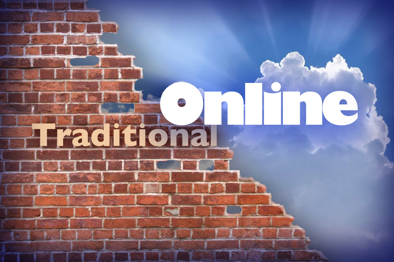 illustration of the idea of traditional vs online schools... image of brick wall vs hopeful sky