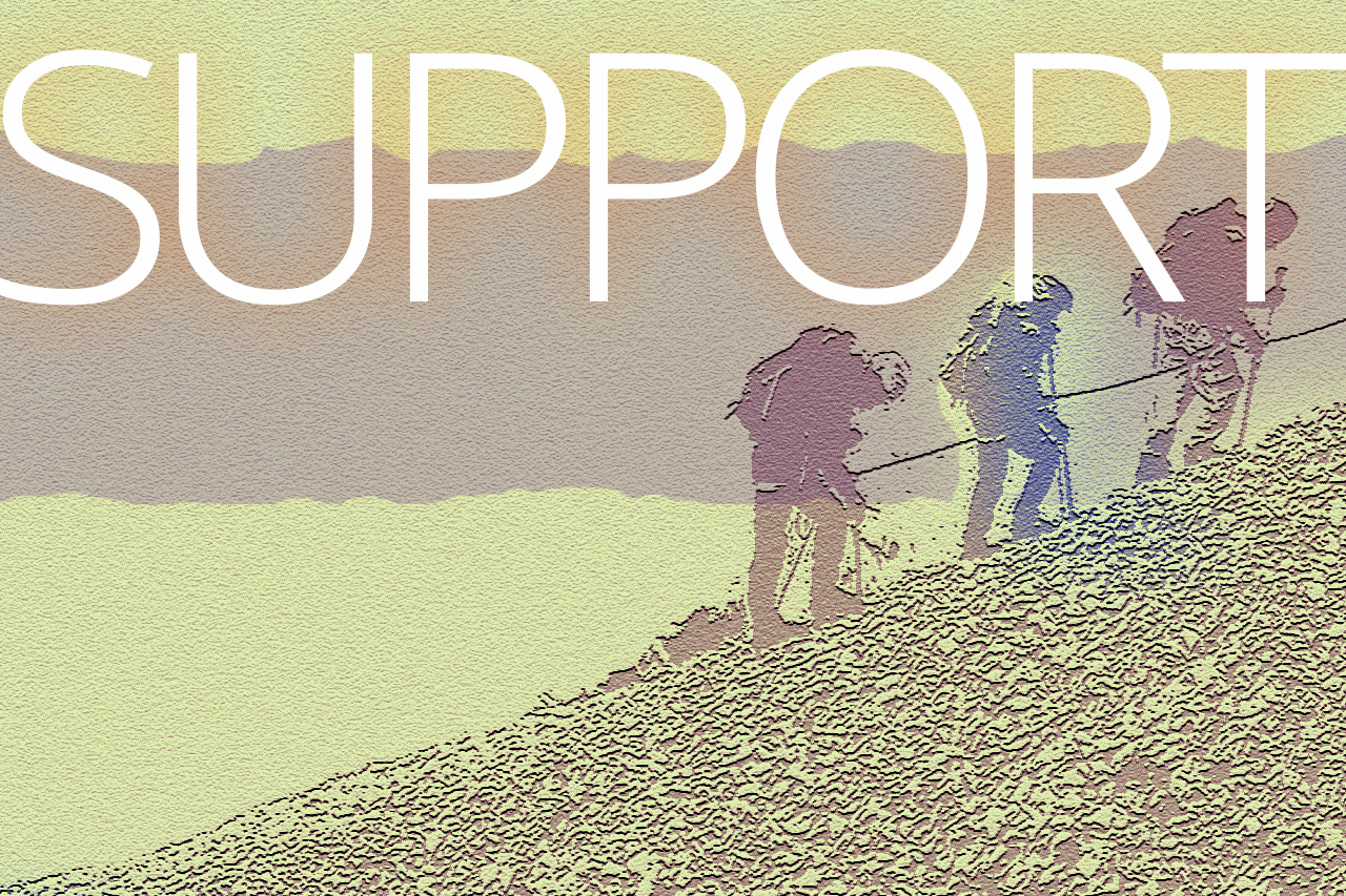 Illustration of mountain climbers assisting each other.