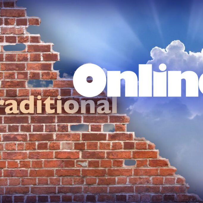 illustration of the idea of traditional vs online schools... image of brick wall vs hopeful sky