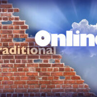 illustration of the idea of traditional vs online schools... image of brick wall vs hopeful sky