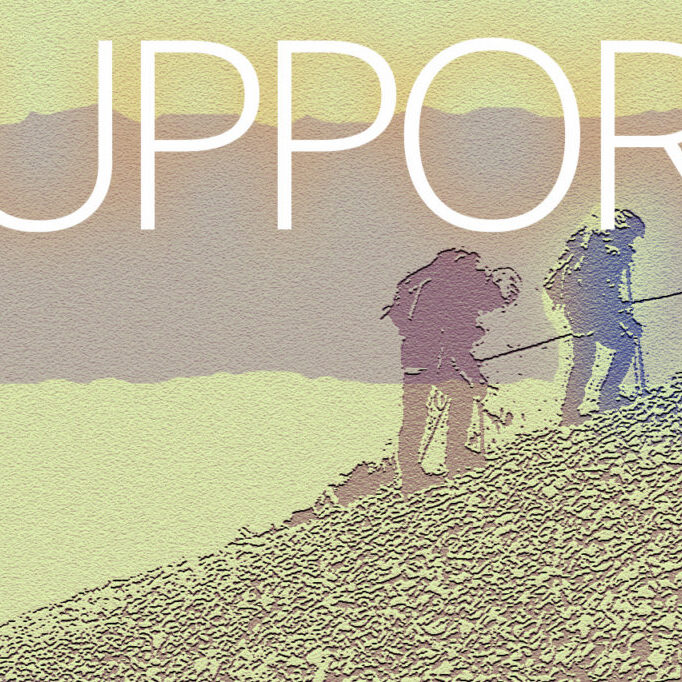 Illustration of mountain climbers assisting each other.